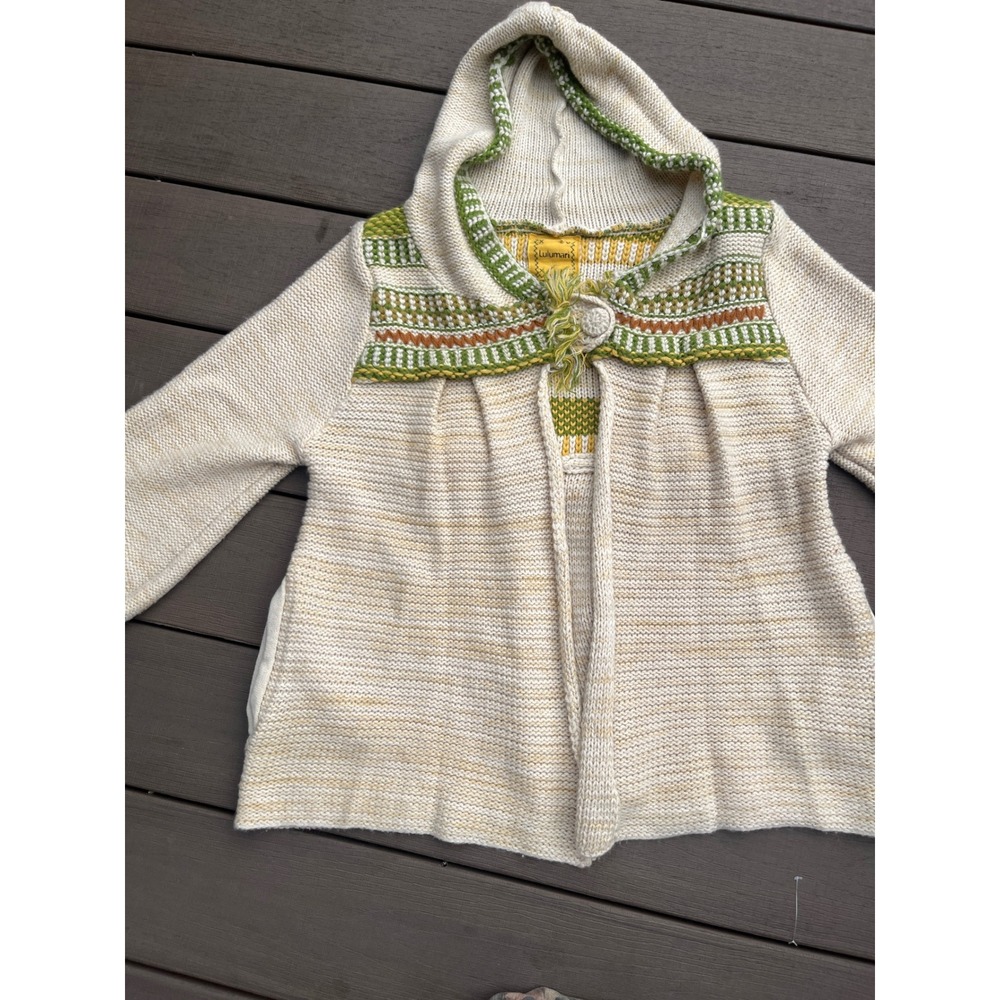 Lulumari Womens Cream Green Fair Isle Hooded Knit Cardigan Sweater Size M (217)